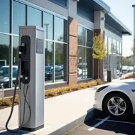 Electric vehicle charging station beside a parked car outside a modern building
