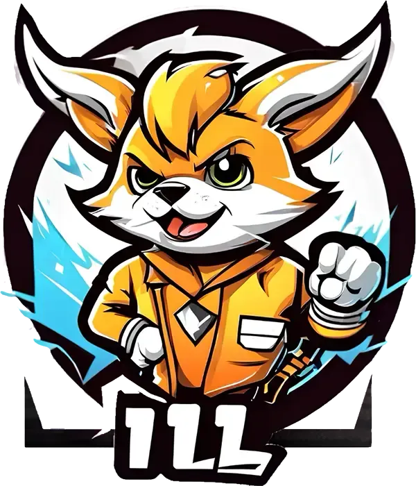 Cartoon fox mascot in orange jacket, grinning with raised fist, framed by a circular logo with blue accents
