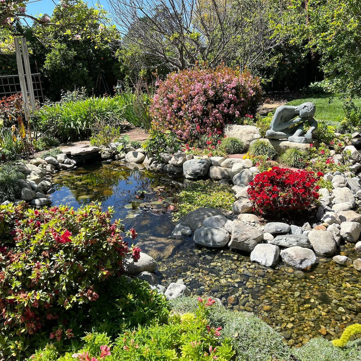 A tranquil garden pond surrounded by rocks, colorful bushes, and greenery; a statue sits on the edge.