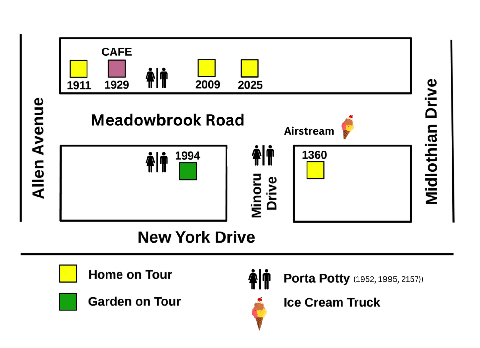Map showing locations of a cafe, homes, porta-potties, and an ice cream truck on various streets.