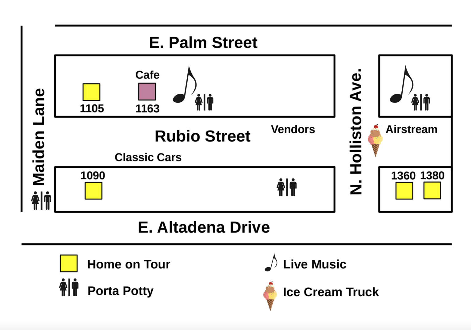 Map of a street fair with homes on tour, vendors, live music, a cafe, and an ice cream truck.