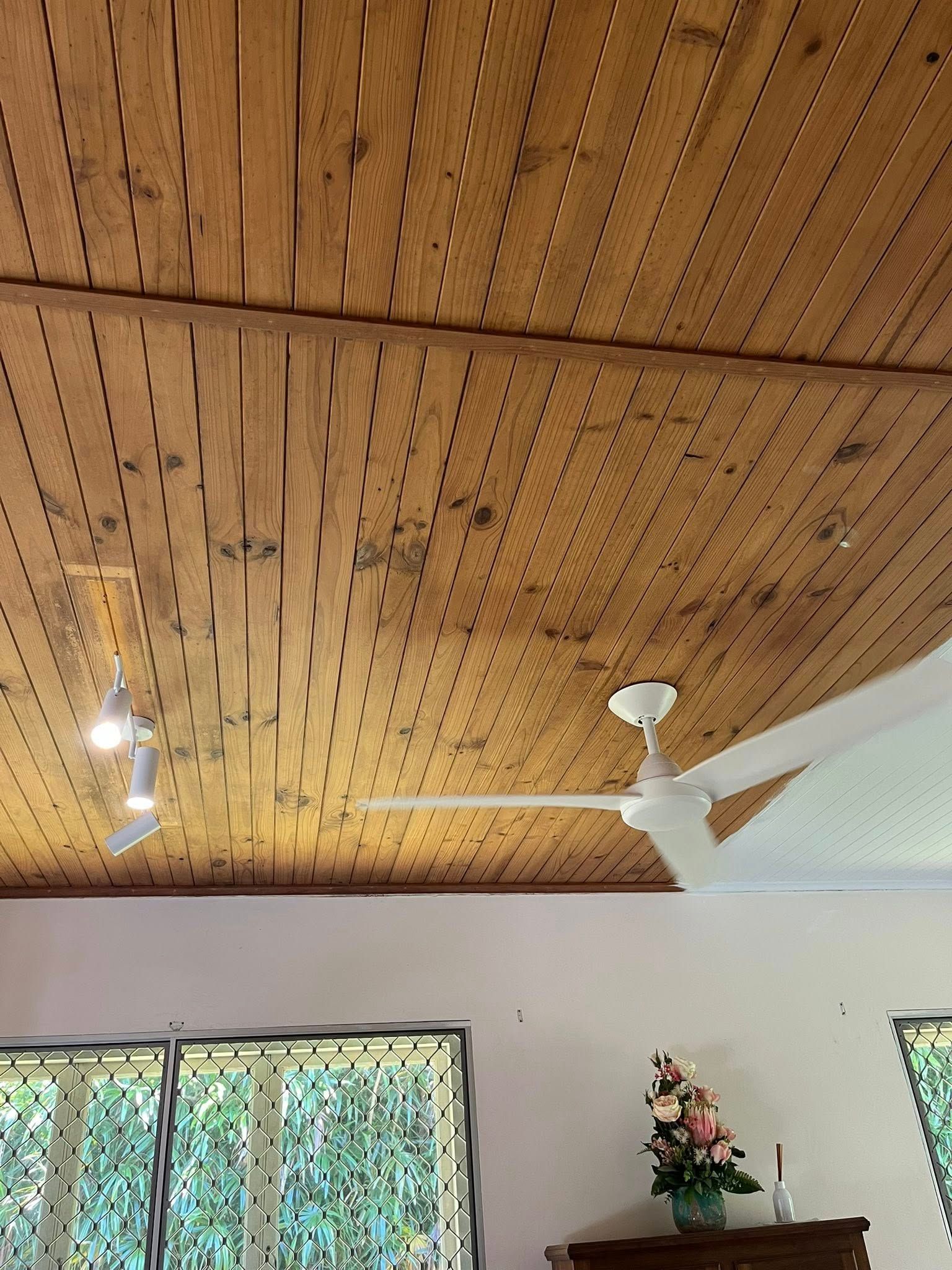 Wooden Ceiling With Ceiling Fan and Hanging Lights — Top Spark Electrical FNQ in Malanda, QLD