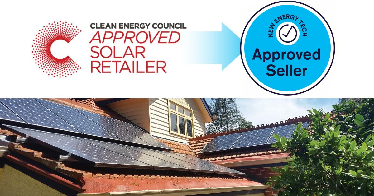 Clean Energy Council approved solar retailer badge over rooftop solar panels on a house