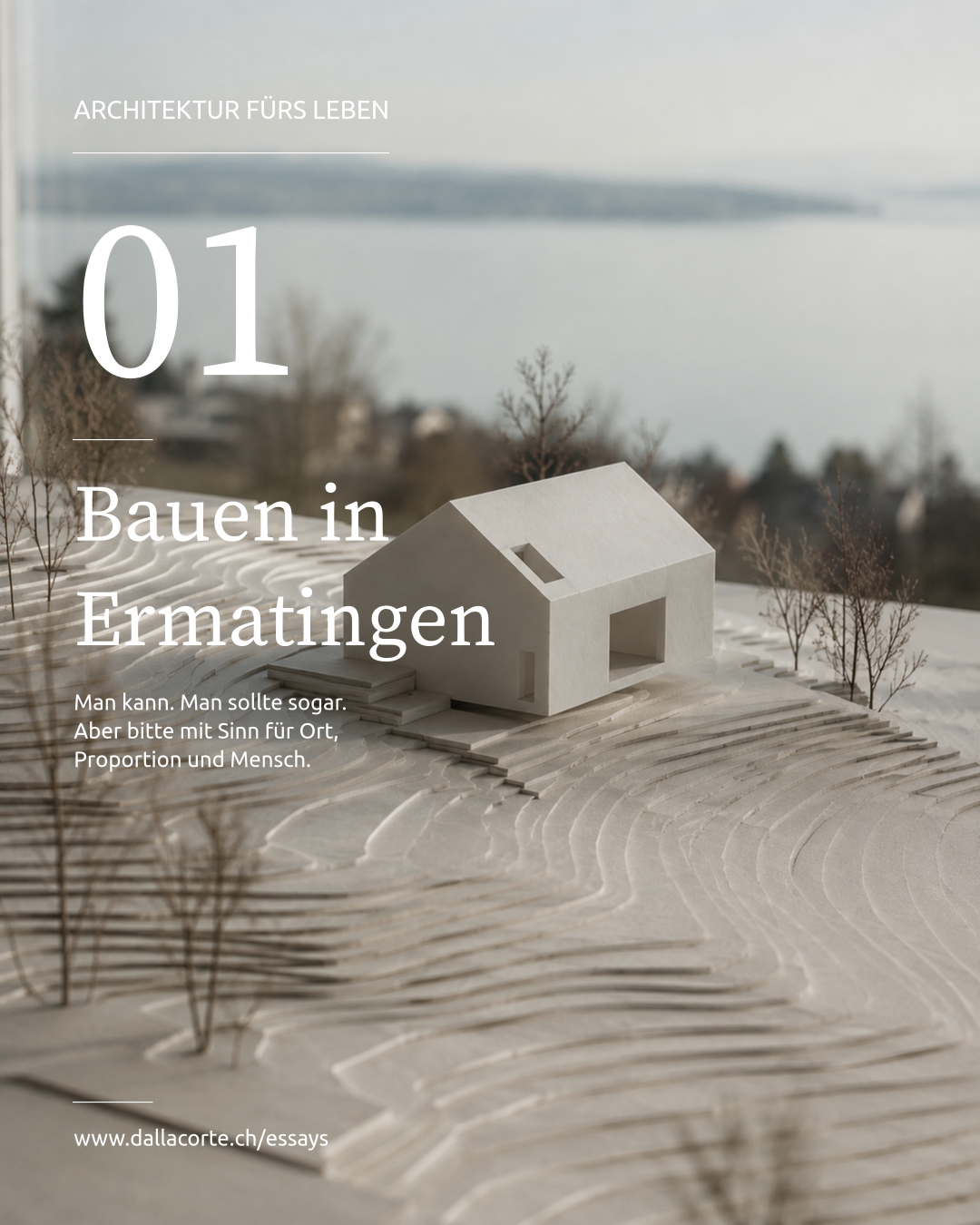 Bauprojekt-Modell in winterlicher Landschaft mit großem Titel „Bauen in Ermattingen“