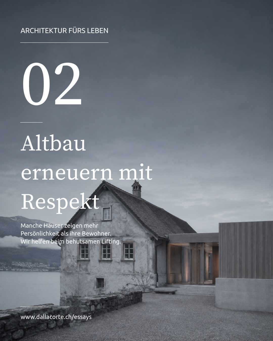 Bauhaus-style cover with old stone house and modern extension under gray sky, titled “02 Altbau erneuern mit Respekt”