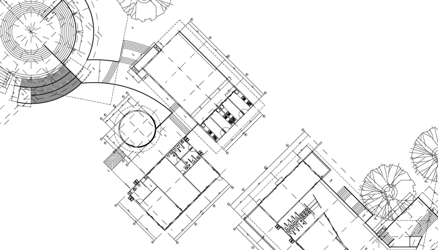 Eine Schwarzweißzeichnung eines Hauses mit Bäumen im Hintergrund.