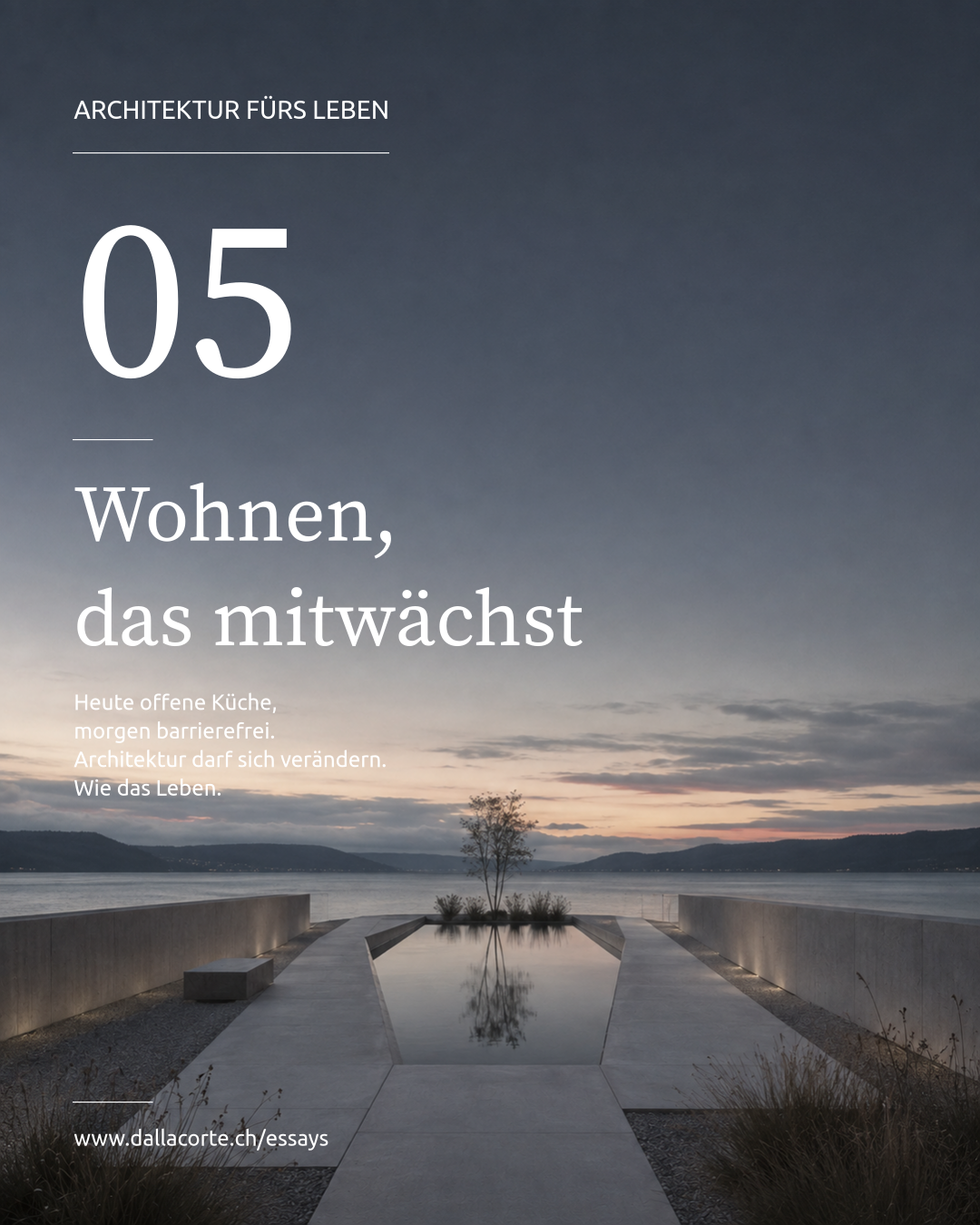 Architectural magazine cover with modern rooftop pool at sunset and the title “Wohnen, das mitwächst”