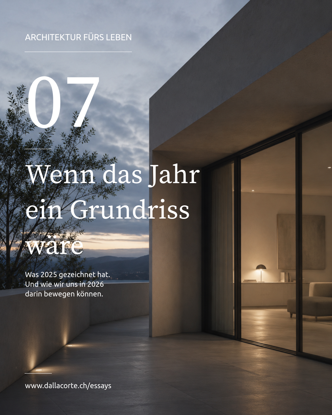 Modern house terrace at dusk with open glass doors and German magazine text overlay