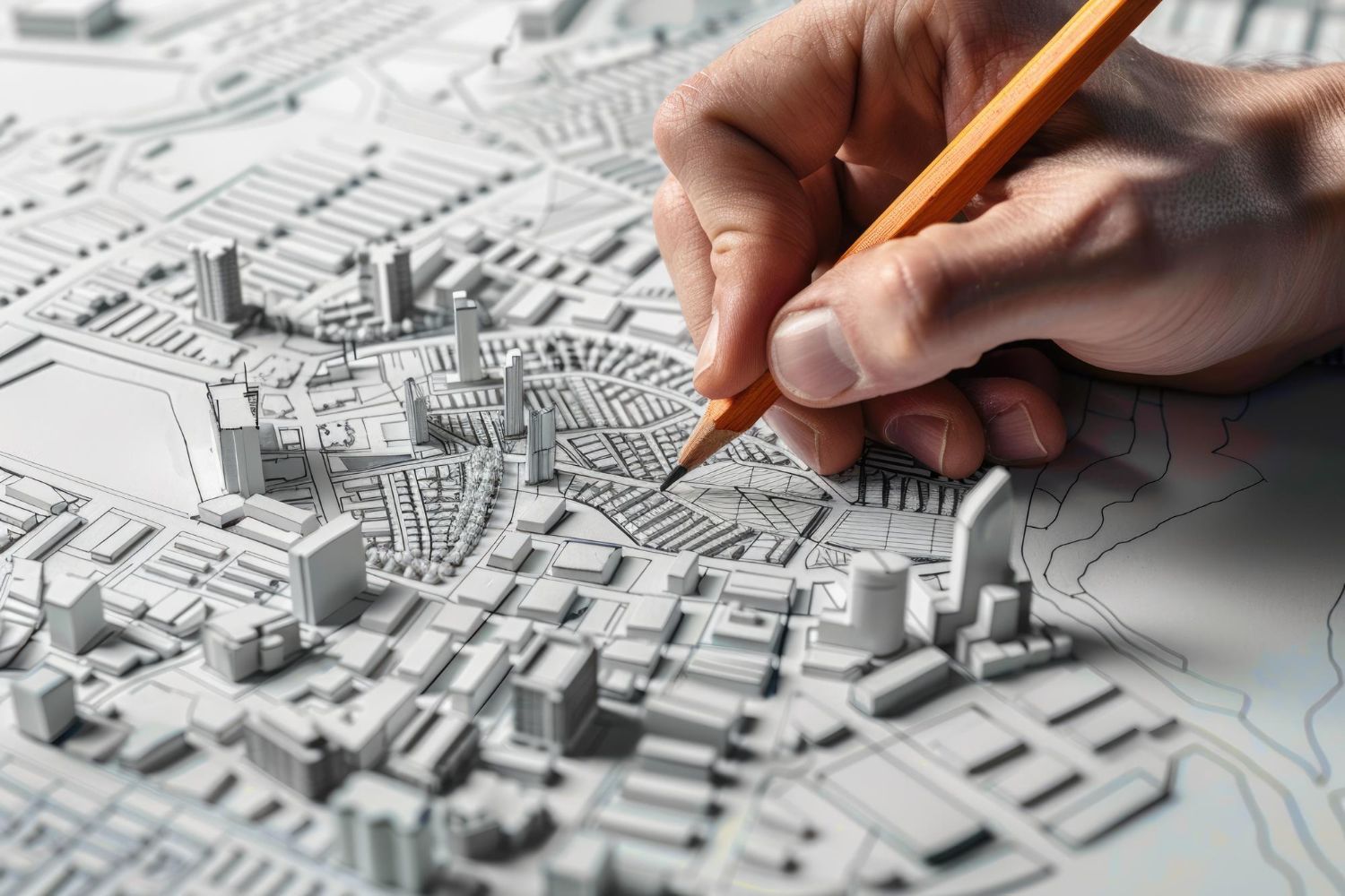 Eine Person zeichnet mit einem Bleistift einen Stadtplan.