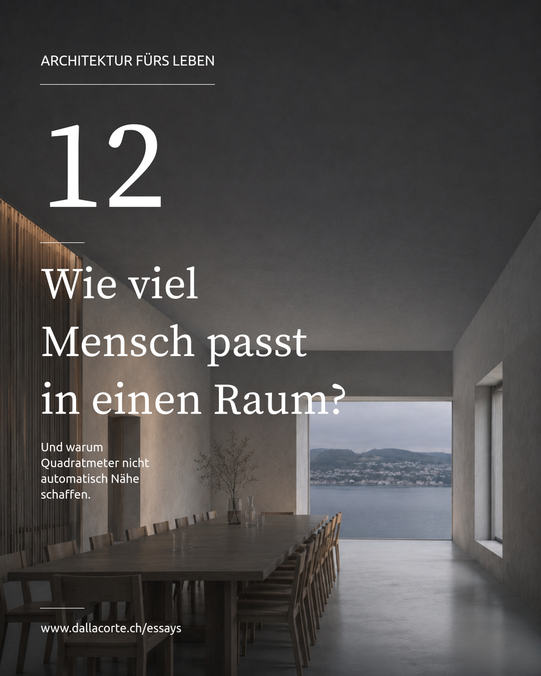 Magazine cover with a modern room, table, chairs, and the text “Wie viel Mensch passt in einen Raum?”