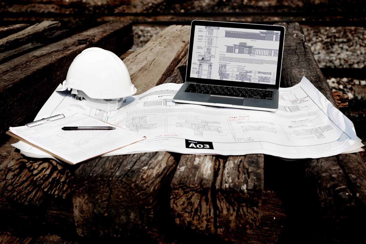 Weißer Schutzhelm, Laptop und Baupläne auf Holzbalken.