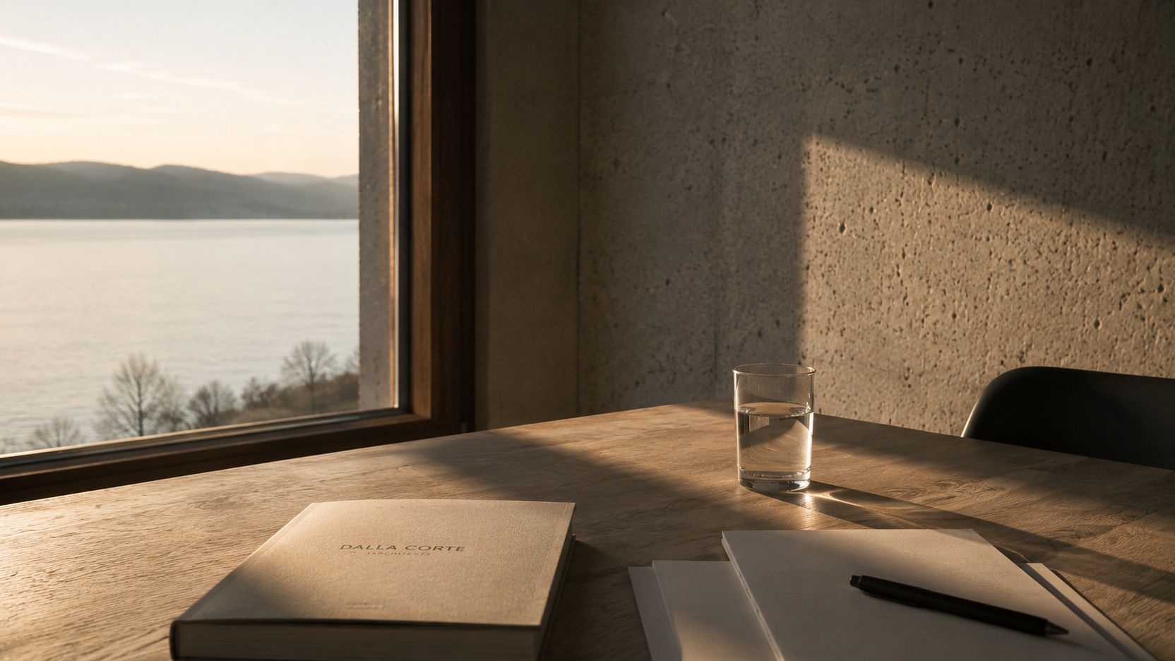 Ein sonnenbeschienener Schreibtisch am Fenster mit Blick auf einen ruhigen See, daneben ein Notizbuch und ein Glas Wasser.