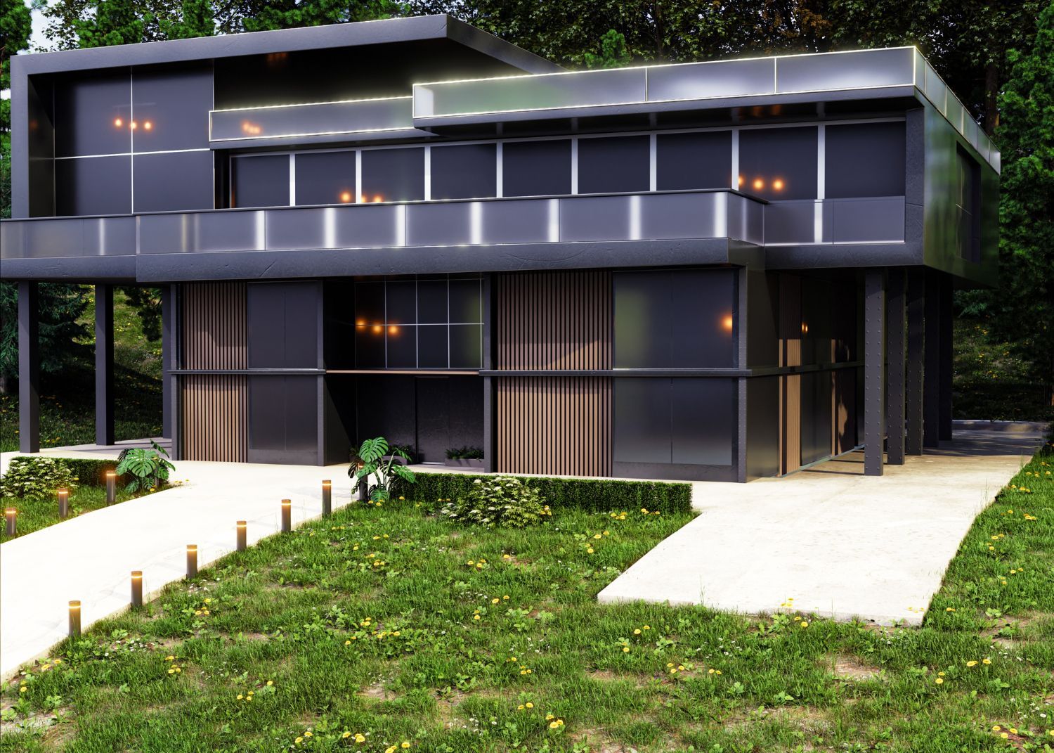 Ein modernes Haus mit vielen Fenstern und einem Gehweg, der dorthin führt