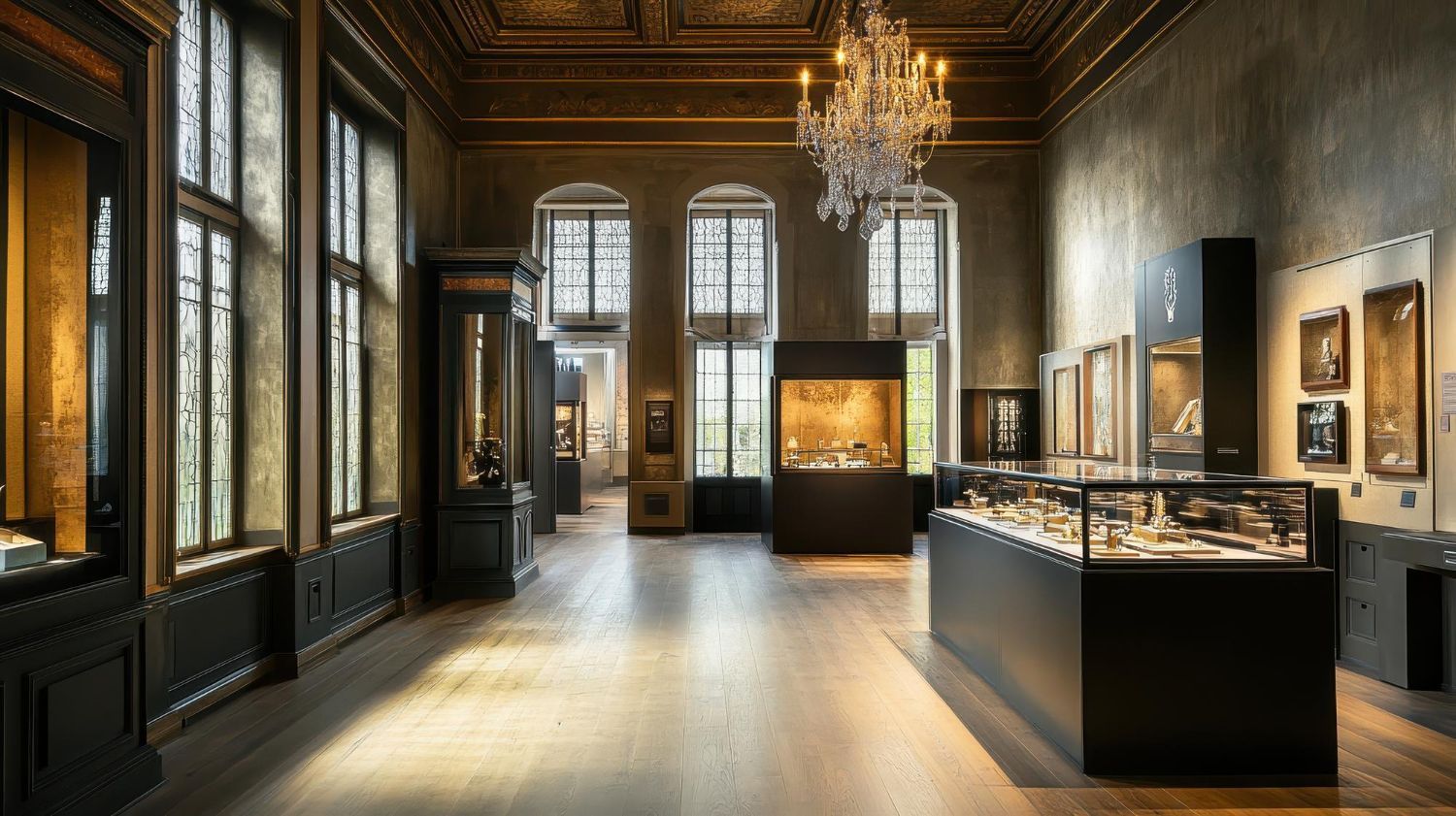Ein großer Raum mit vielen Fenstern und einem Kronleuchter in einem Museum.