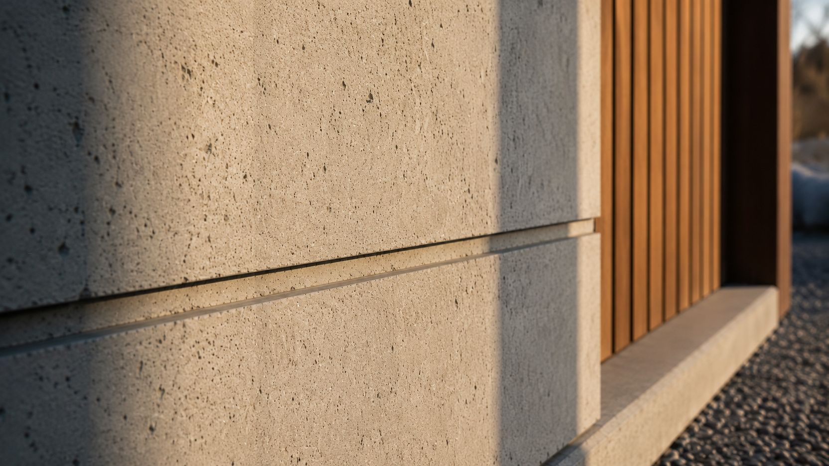 Nahaufnahme einer Betonwand neben einer Holztür mit Lamellen im warmen Sonnenlicht