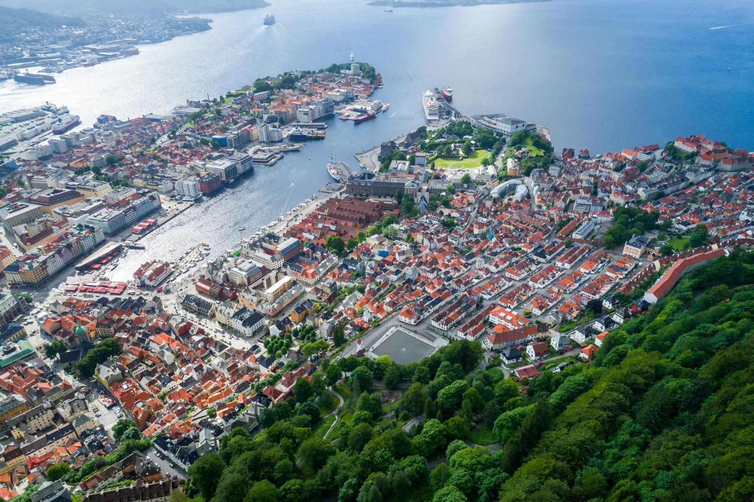Eine Luftaufnahme einer Stadt, umgeben von Wasser und Bäumen.