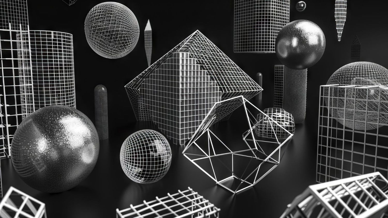 Ein Schwarzweißfoto verschiedener geometrischer Formen auf einem Tisch