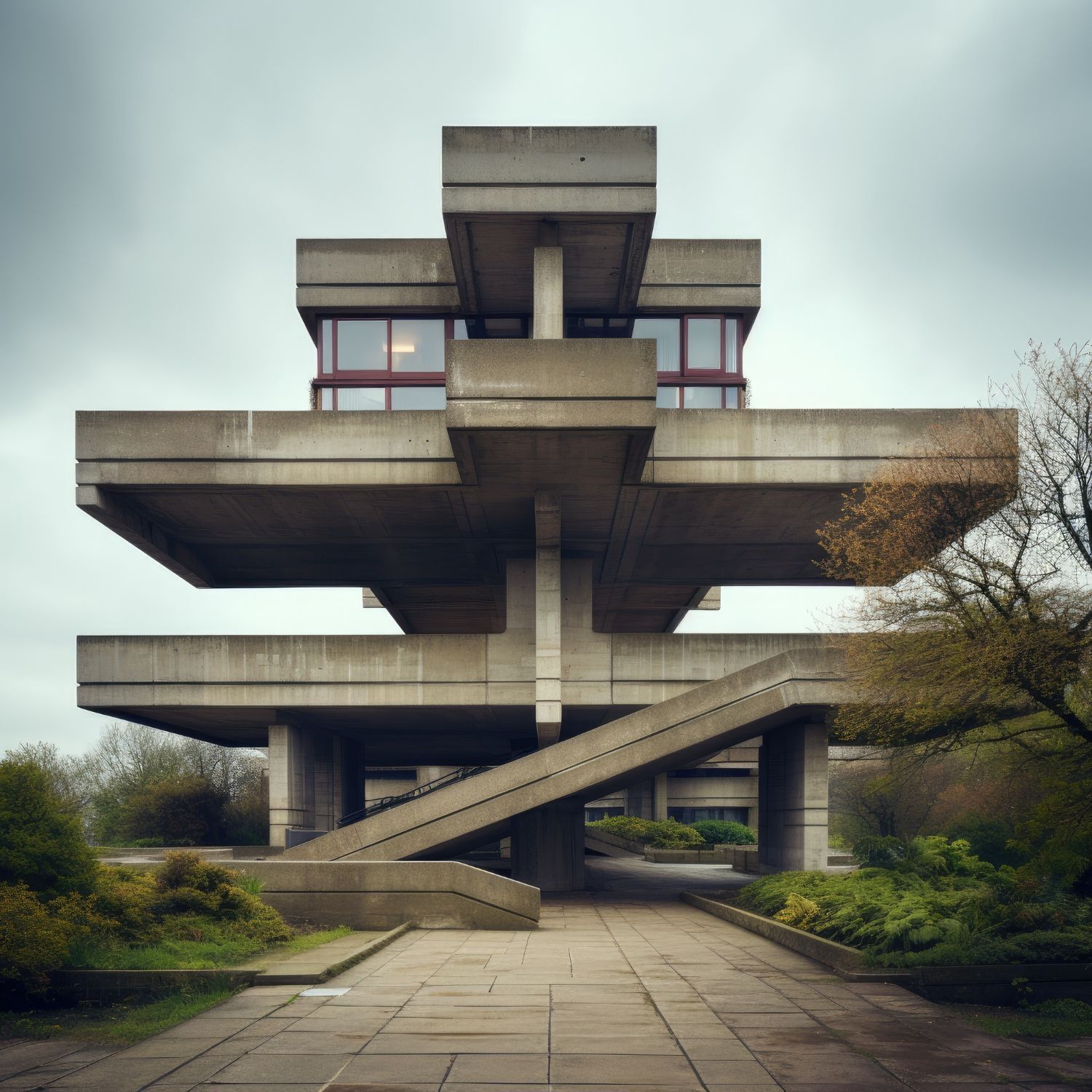 Ein großes Betongebäude mit Treppen, die hinaufführen