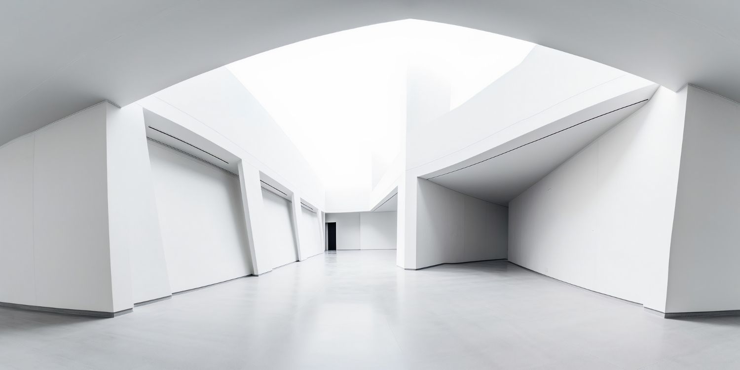Ein leerer Flur mit weißen Wänden und Licht, das durch die Decke scheint.