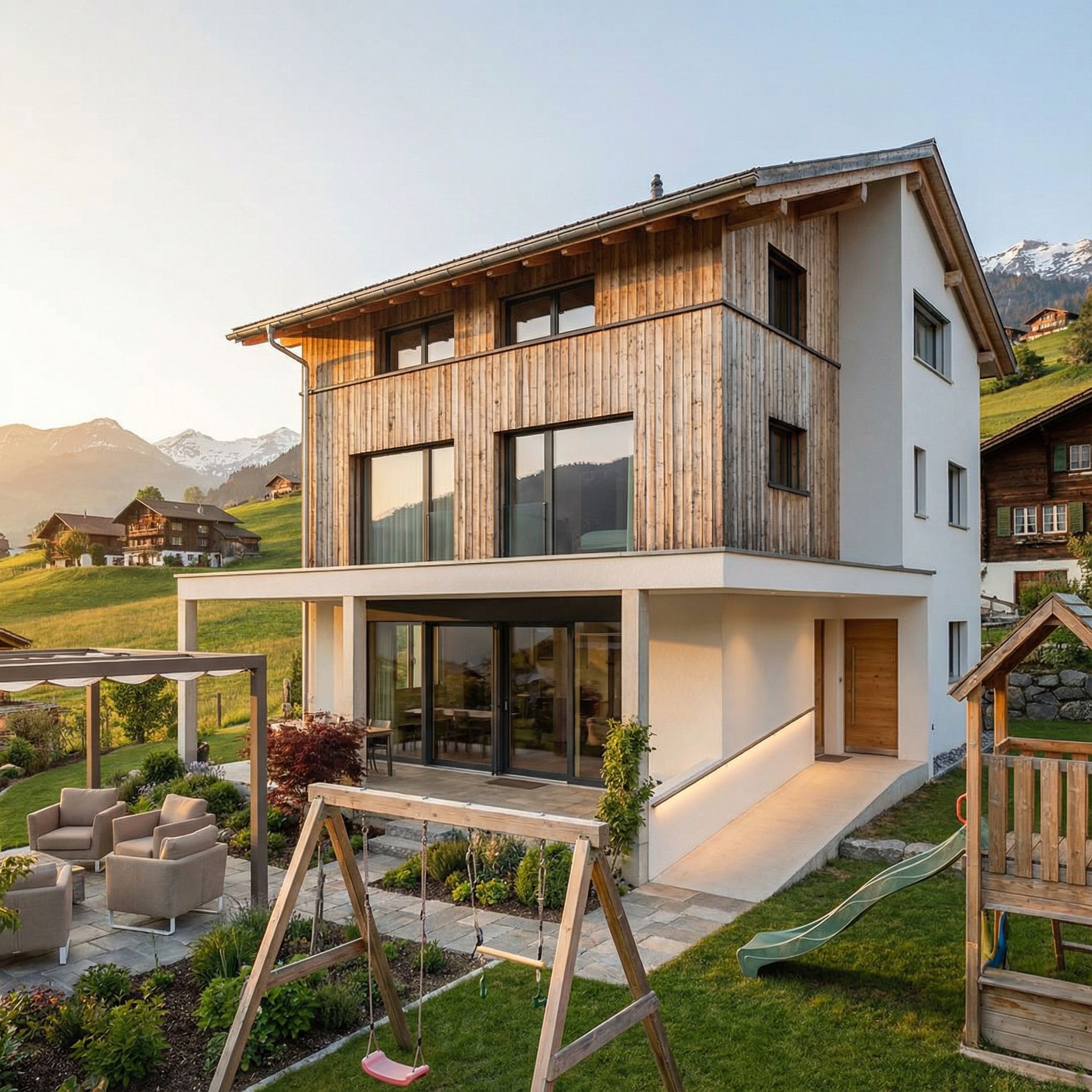 Modernes zweistöckiges Haus mit Holzverkleidung und weißem Stuck, am Hang mit Bergblick und Spielplatz.