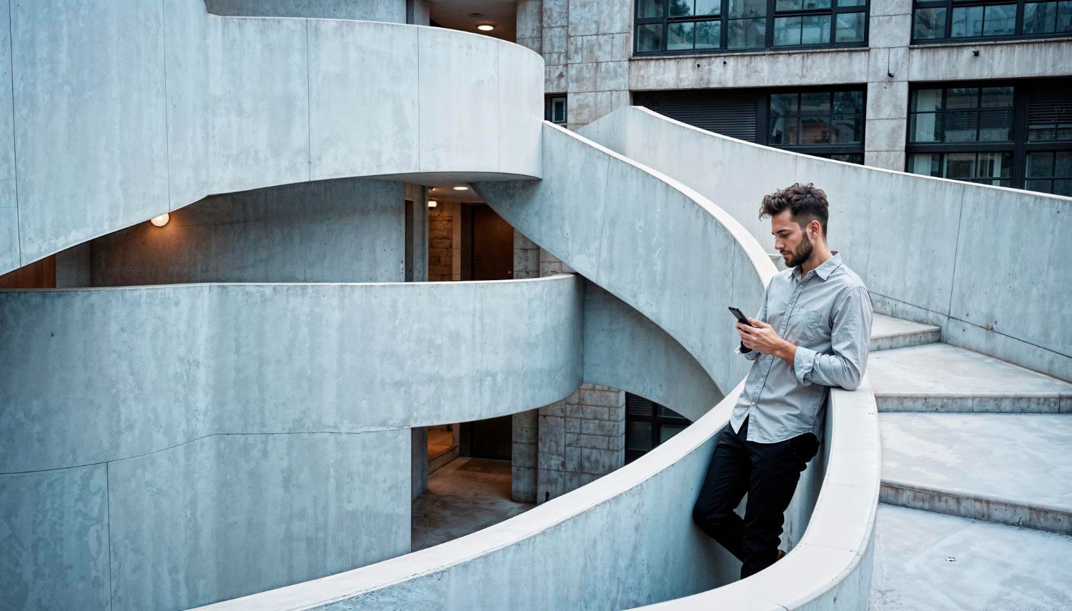 Ein Mann steht auf einer Wendeltreppe und schaut auf sein Handy.