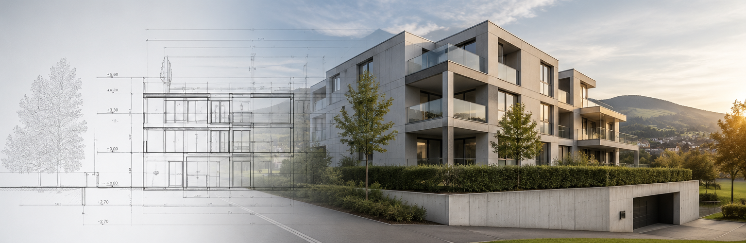 Visualisierung eines modernen Apartmentgebäudes mit Glasbalkonen, Bäumen und Blick auf die Straße