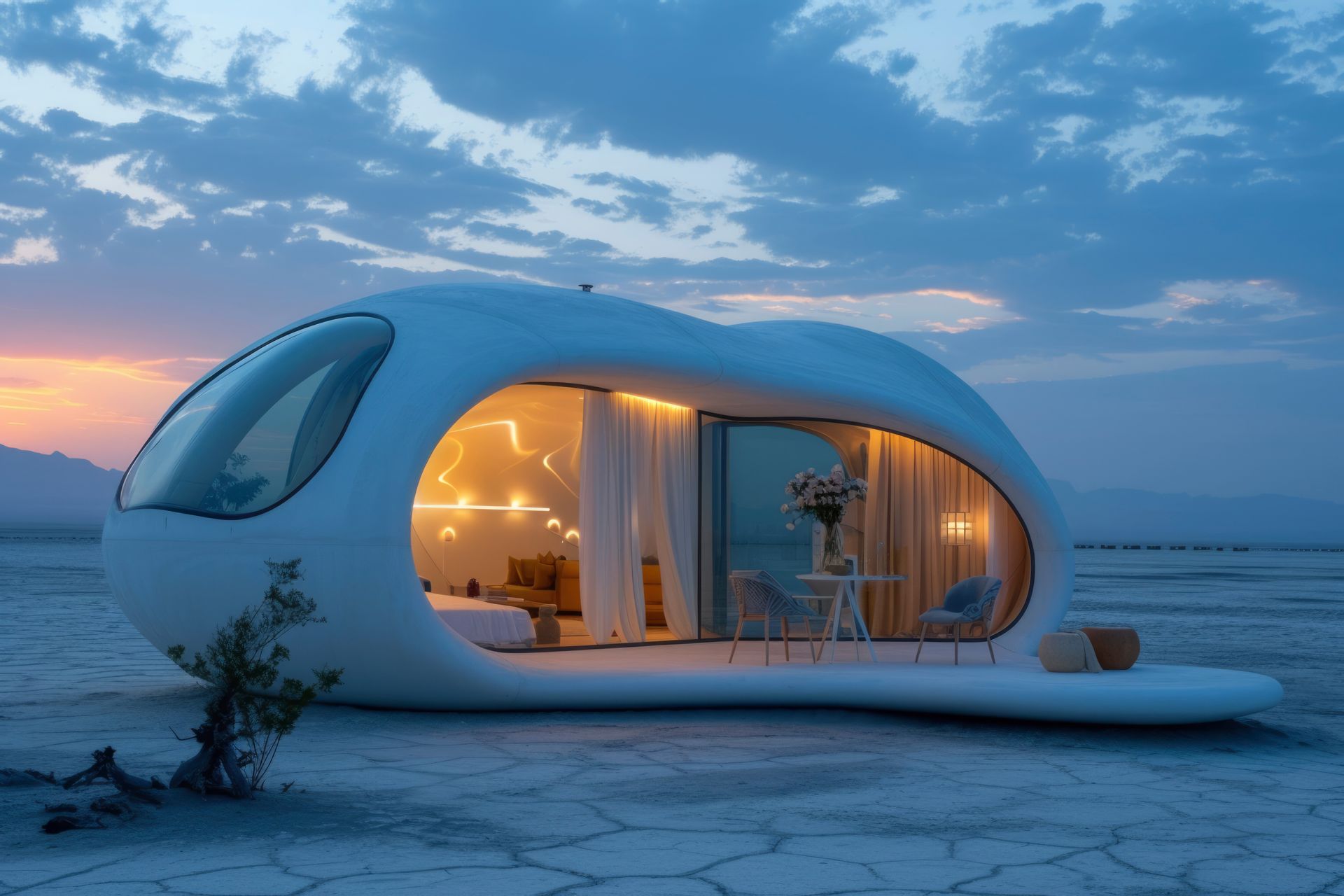 Ein weißes Haus mitten in der Wüste bei Nacht