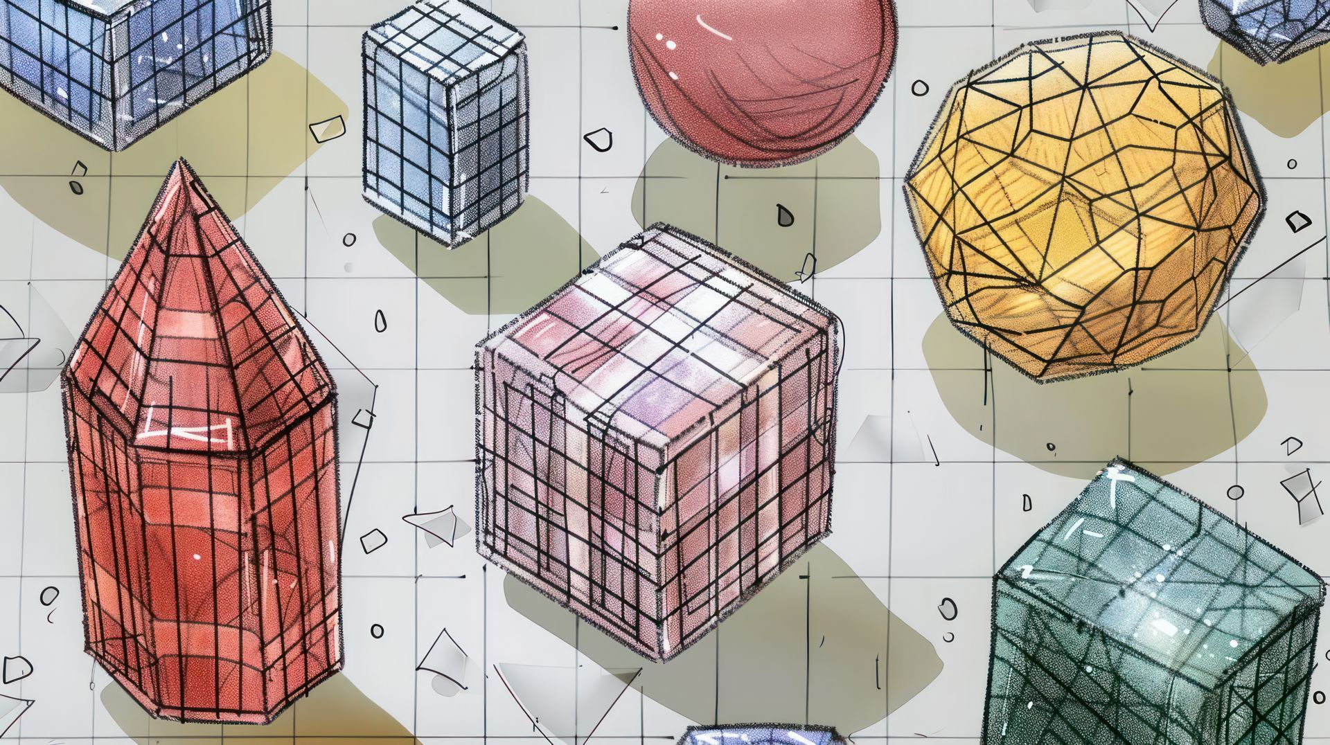 Eine Zeichnung verschiedener geometrischer Formen auf Millimeterpapier