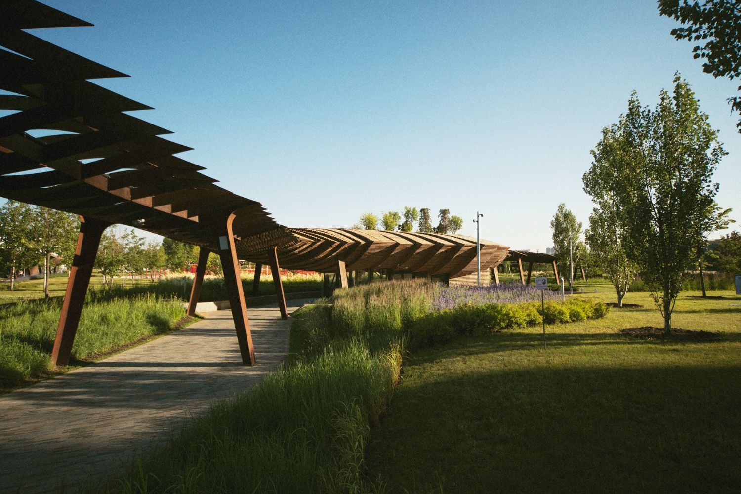 Eine hölzerne Pergola in einem Park mit Bäumen und Gras