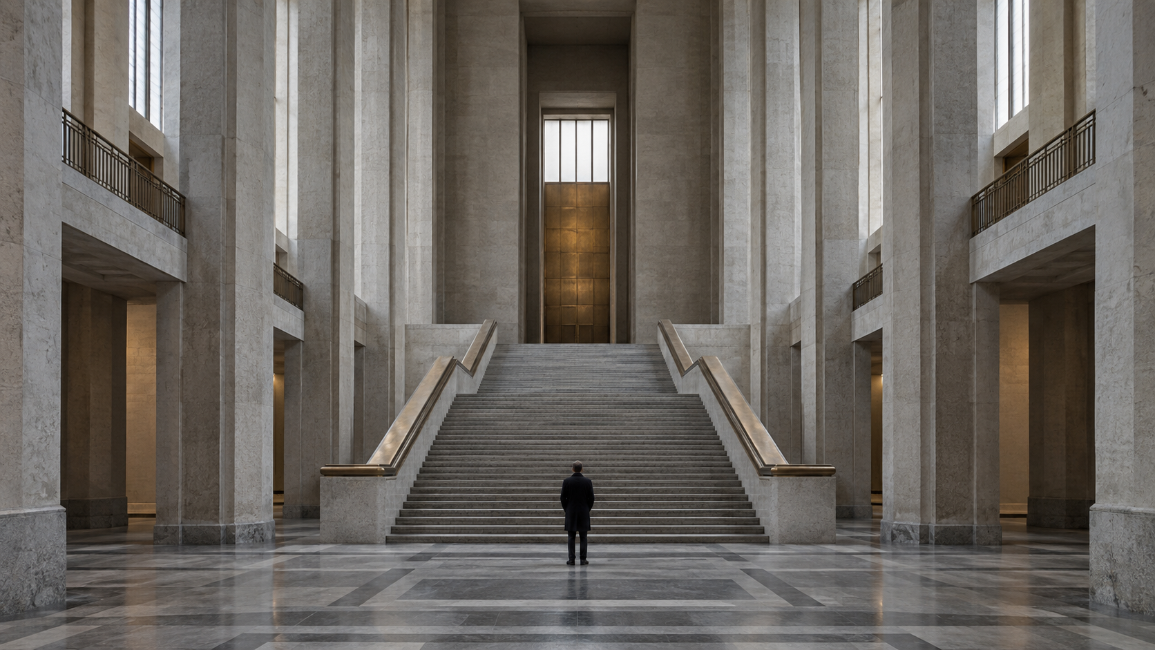A lone person stands in a vast stone hall with grand stairs and tall columns.