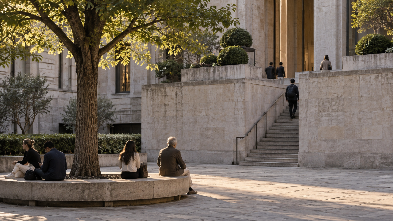People sitting on a stone bench in a sunny courtyard beside a large building with steps and columns.
