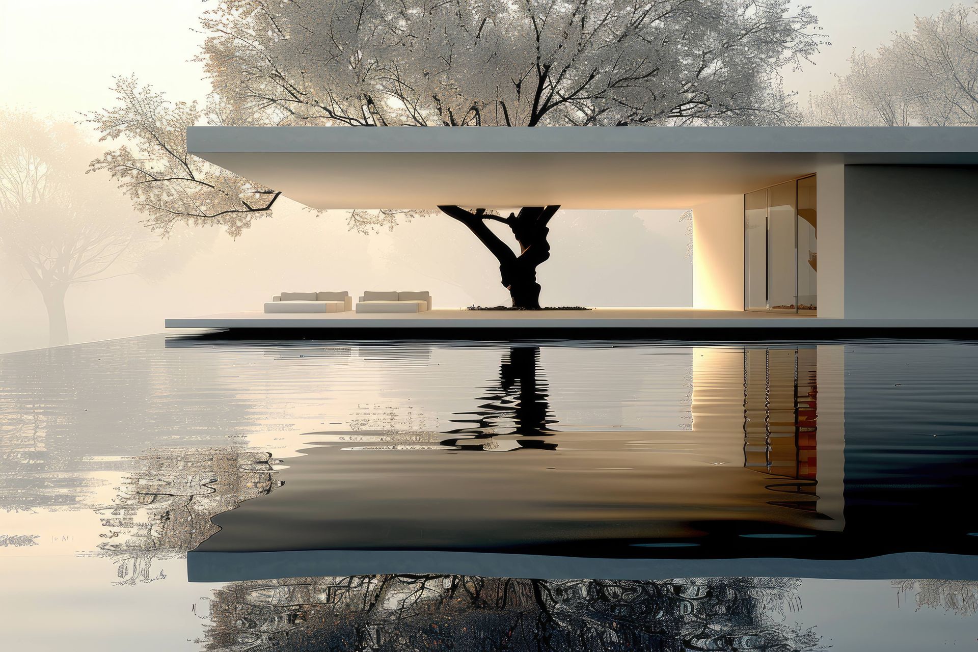 Ein modernes Haus mit einem Swimmingpool davor