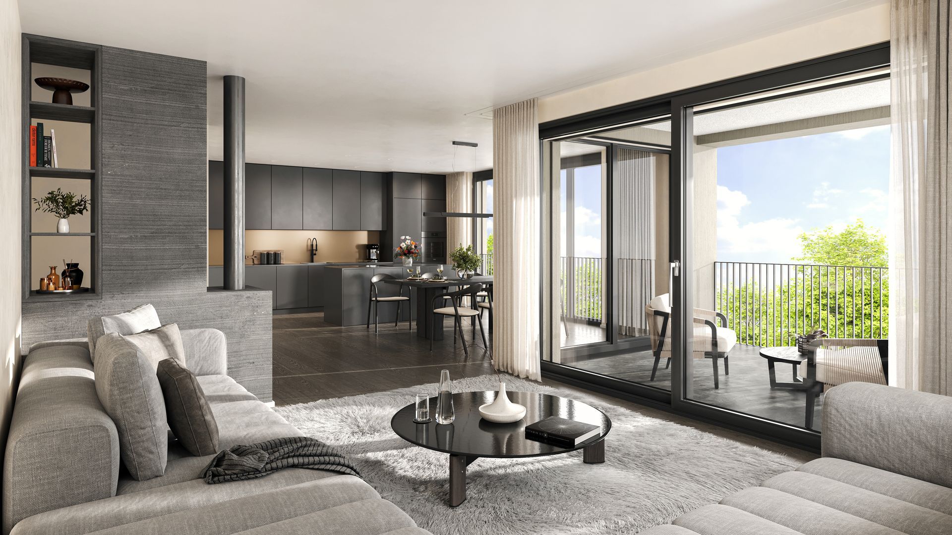 Modernes Wohnzimmer mit grauem Ecksofa, Zugang zu einem Balkon mit Stadtblick und dunkler Küche.