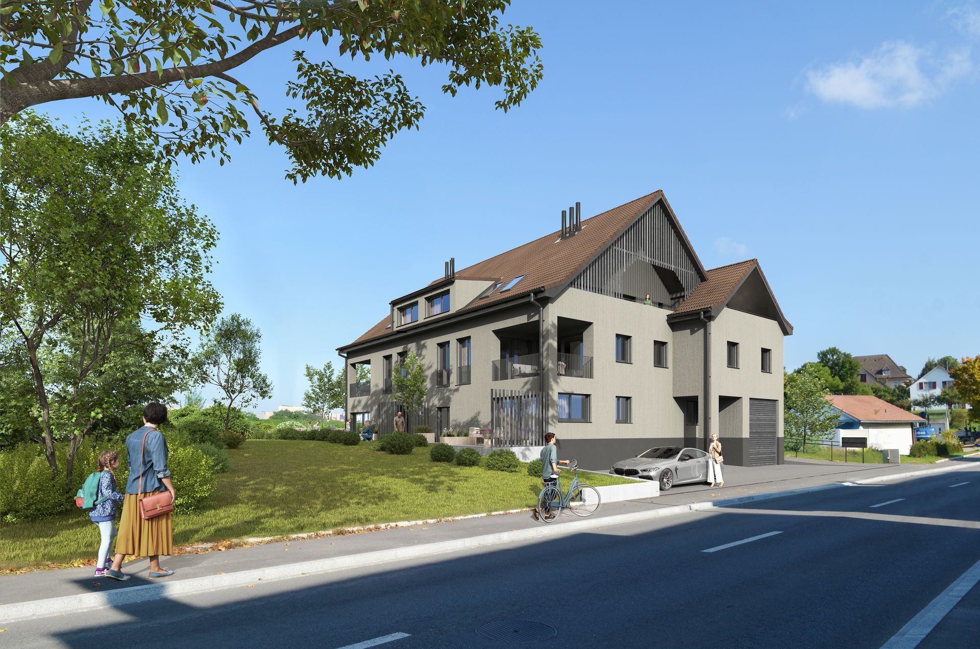 Mehrfamilienhaus mit dunklem Dach und beiger Fassade, in der Nähe einer Fußgängerzone.