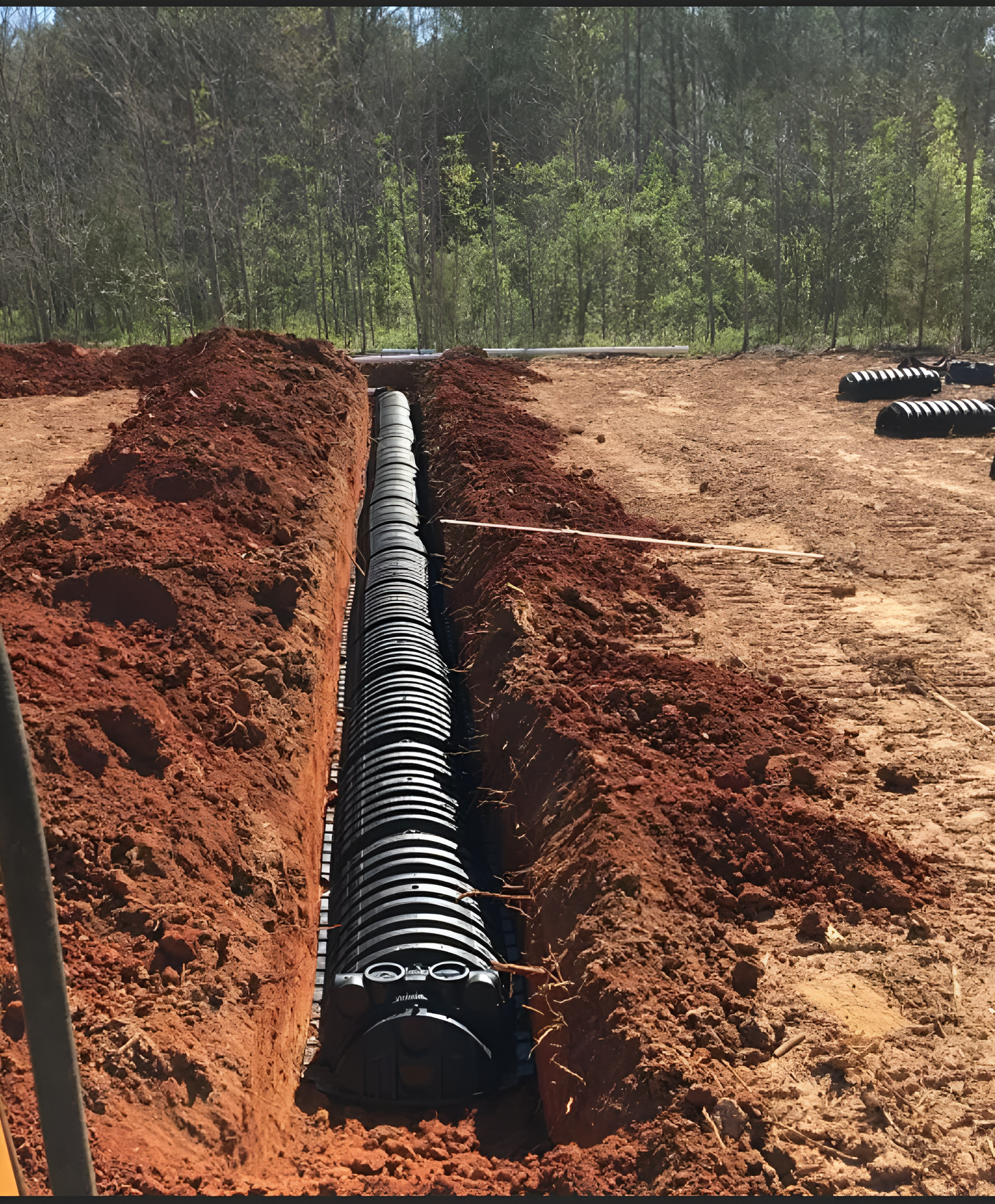 A trench filled with black drainage pipes surrounded by red dirt, in an outdoor setting.