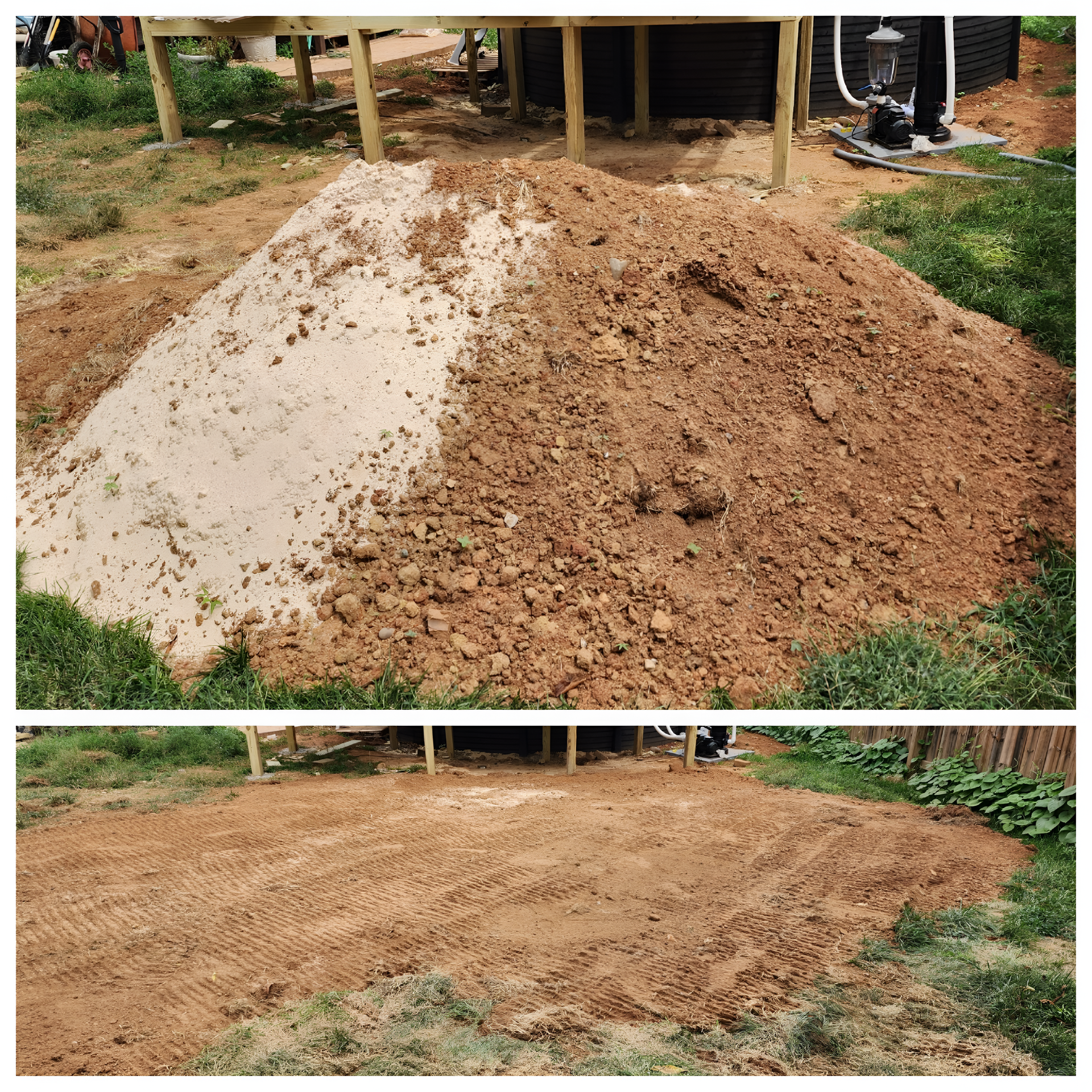 Top: A pile of dirt and sand. Bottom: Dirt leveled. Outdoors near a deck and greenery.