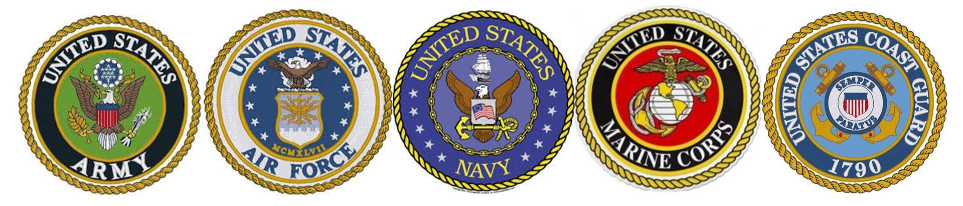 Five U.S. military service emblems lined up horizontally on a white background.