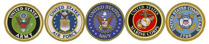 Five U.S. military service emblems lined up horizontally on a white background.