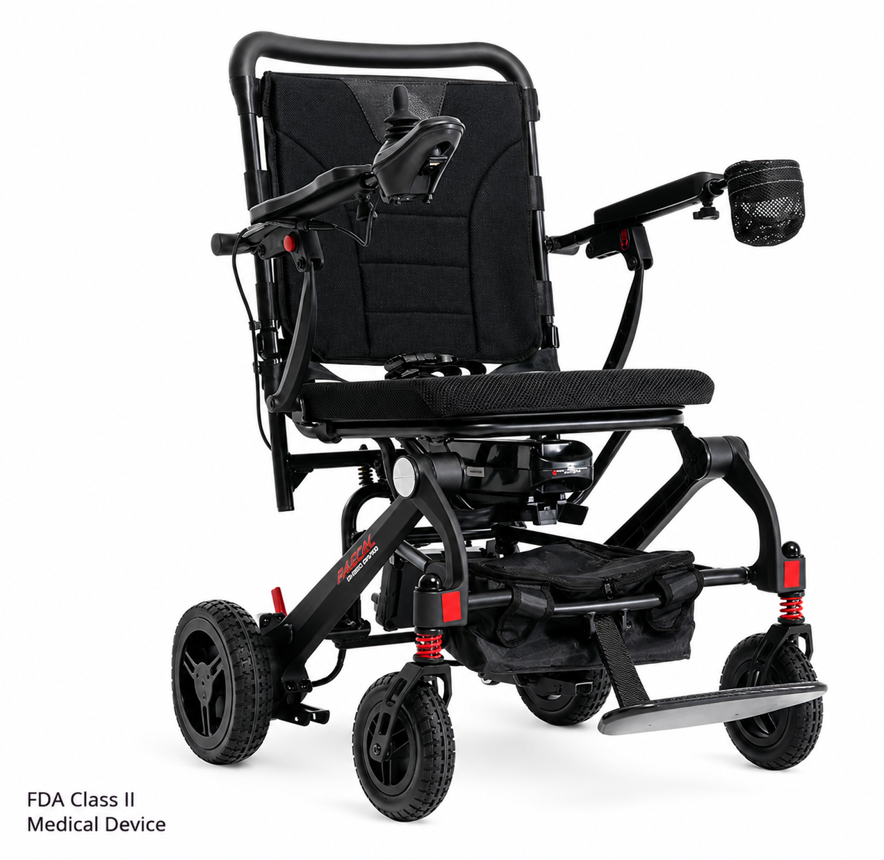 Black foldable power wheelchair with headrest, armrests, and footrest on a white background