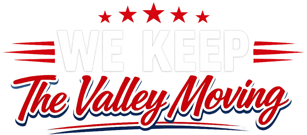 The Valley Moving logo in red and white with stars above and stripes at the sides
