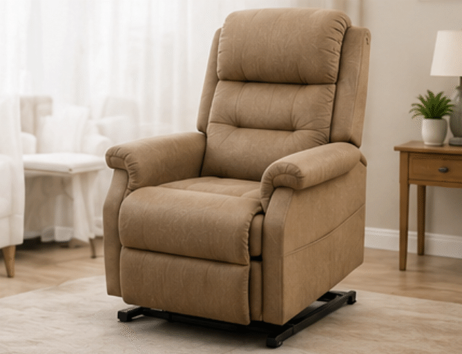 Brown recliner lift chair with padded armrests and a remote control on the seat