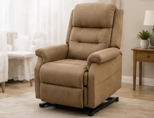 Brown recliner lift chair with padded armrests and a remote control on the seat