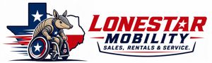 Lonestar Mobility logo with armadillo in wheelchair over Texas outline, red, white and blue.