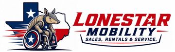 Lonestar Mobility logo with armadillo in wheelchair over Texas outline, red, white and blue.