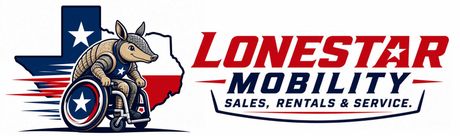 Lonestar Mobility logo with a horse in a wheelchair, Texas flag colors, and “Sales, Rentals & Service” text