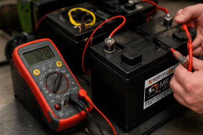 Multimeter testing a car battery with red and black probes attached to terminals
