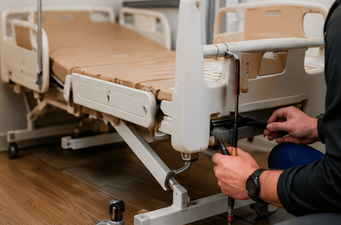 Person adjusting a hospital bed frame with tools in a clinical room
