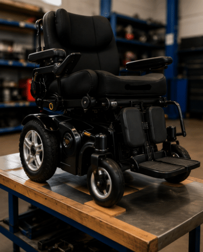 Black electric wheelchair on a workshop table, shown in a garage setting with blurred tools in the background