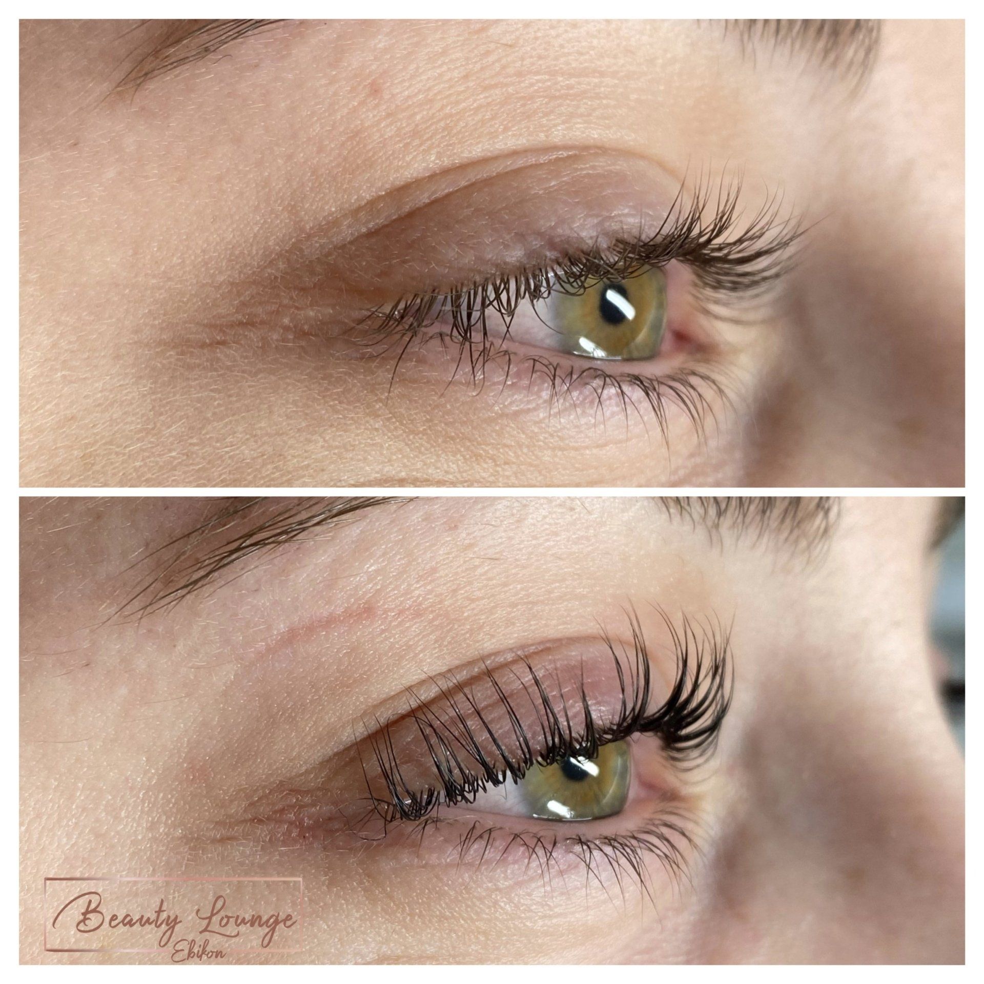 Ein Vorher-Nachher-Foto der Wimpern einer Frau