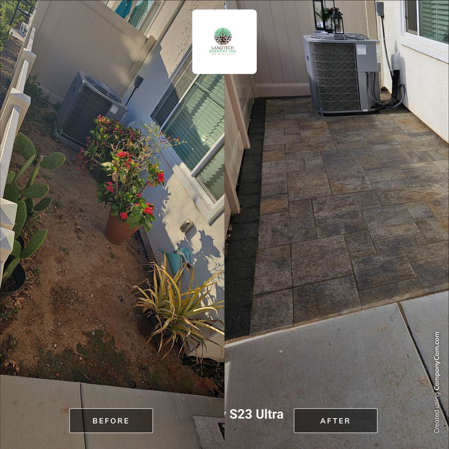 Before and after comparison of a patio area. Left: dirt and plants. Right: paved patio.